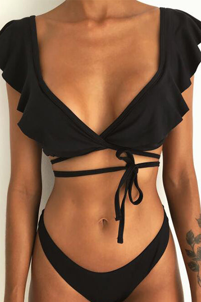 Lace-up ruffle bikini set