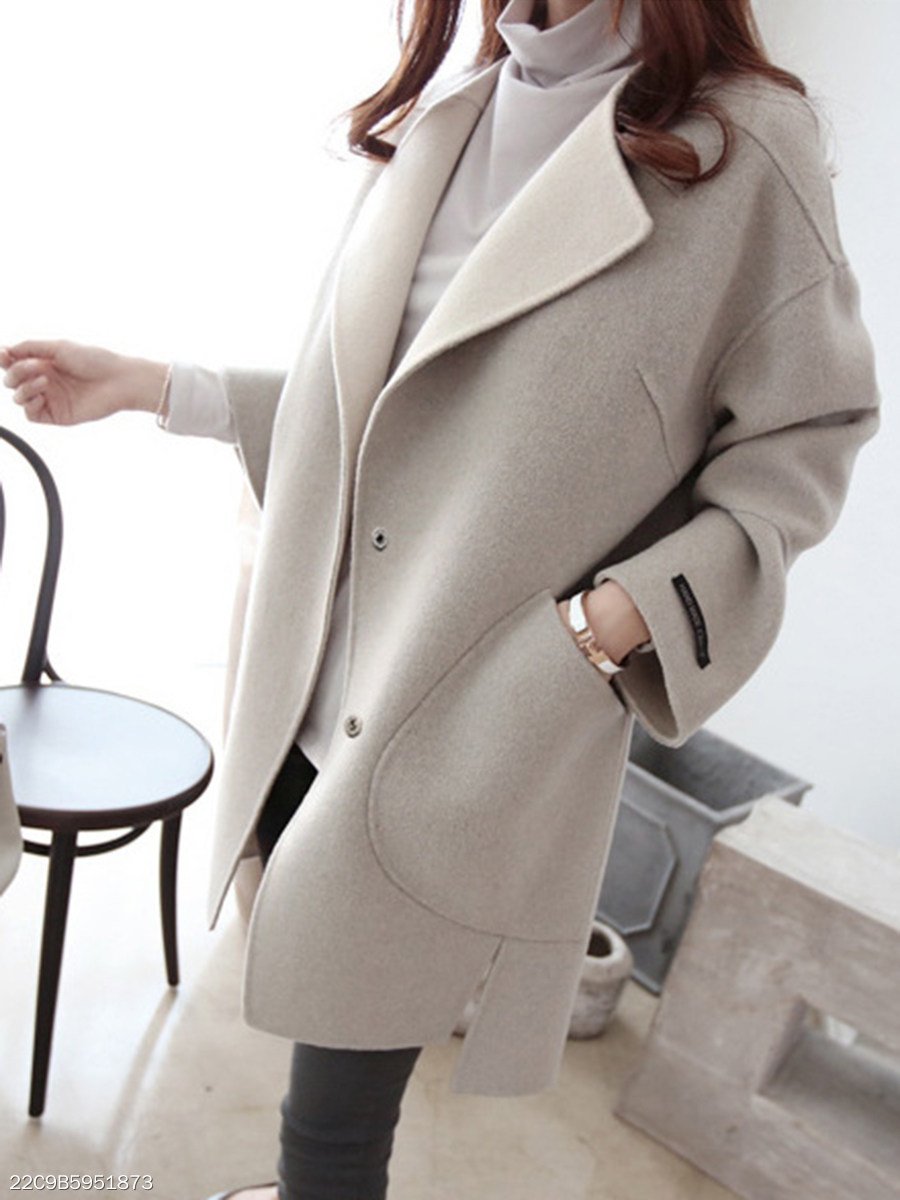 Lapel Patch Pocket Plain Woolen Coat