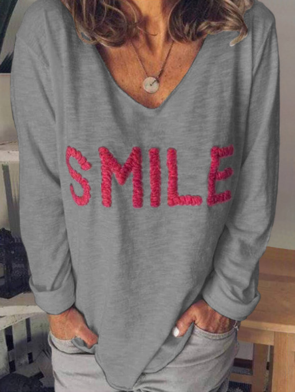 Camiseta de manga larga bordada SMILE Letter para mujer