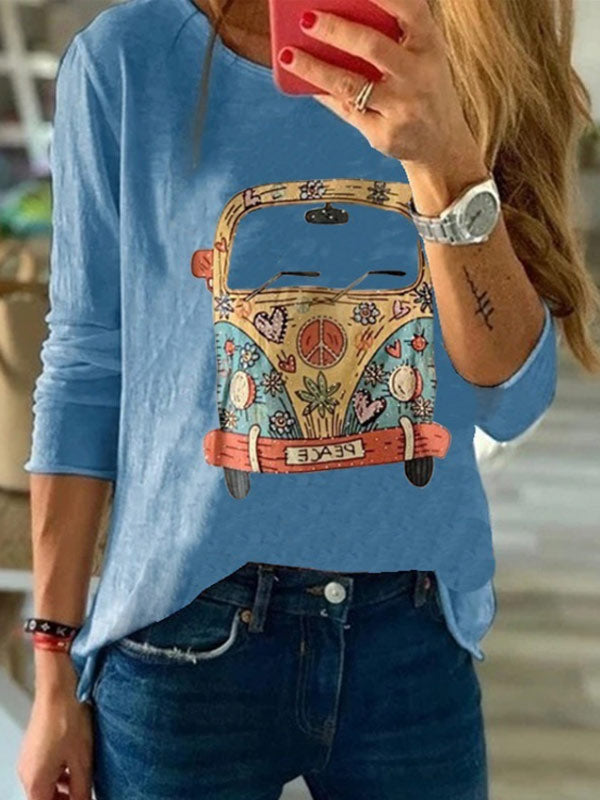 Camiseta de manga larga con cuello redondo y estampado de pecho para mujer