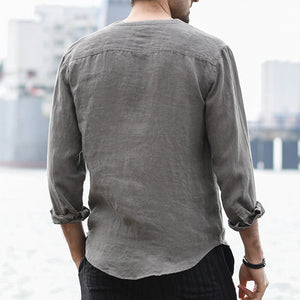 Men&#39;s summer vintage solid color round neck long sleeve long sleeve breathable linen shirt