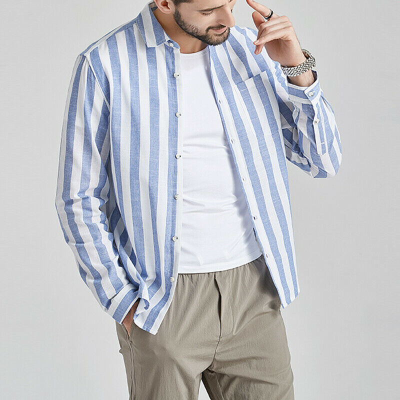 Camisa de lino natural ligera a rayas cómoda para hombre