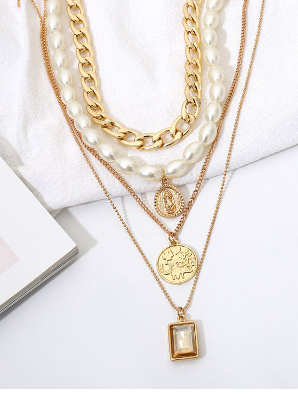 Collar multicapa de perlas con monedas de perlas para mujer