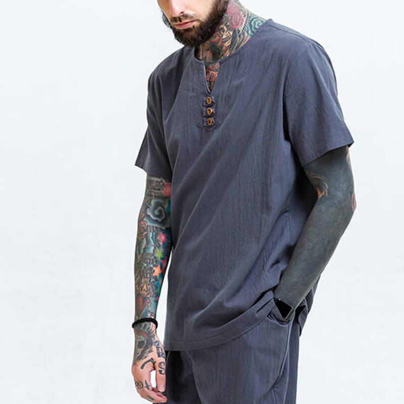 Vyriški vintažiniai patogūs trumpų rankovių medvilniniai marškiniai trumpomis rankovėmis ir V formos kakleliu