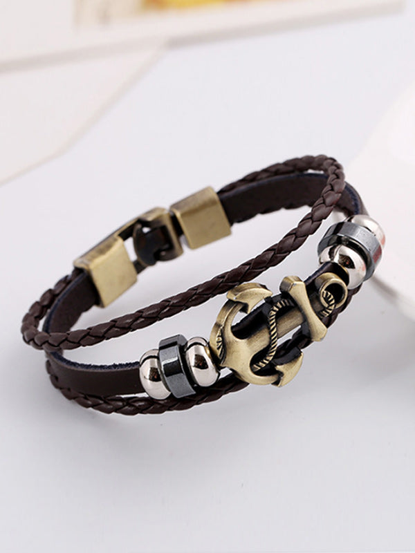 Pulsera tejida de cuero de vaca con ancla de aleación vintage para mujer