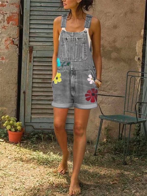 Denim Jumpsuit Shorts für Damen mit Modedruck