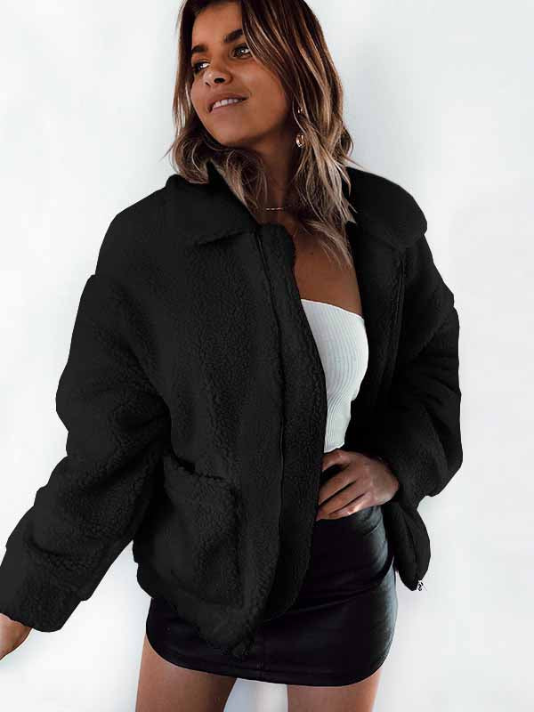 Bolsillo de otoño invierno con cremallera de manga larga chaqueta de felpa