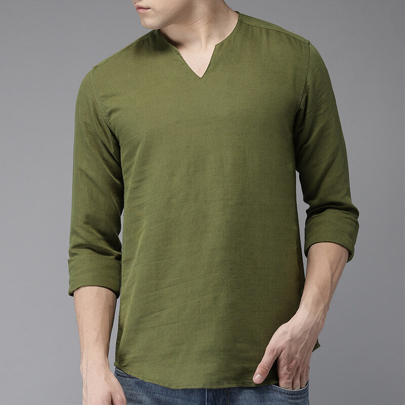 Camisa de lino de algodón de manga corta con cuello en V informal refrescante y fresca para hombres