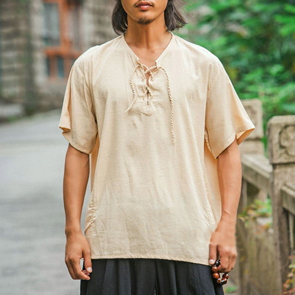 Camiseta retro de algodón y lino estampada para hombre con manga corta