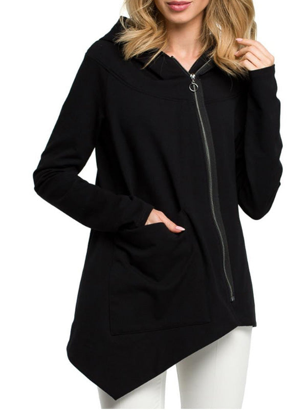 Suéteres de mujer con cremallera diagonal y bolsillo irregular.