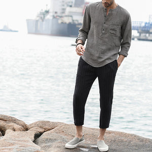 Men&#39;s summer vintage solid color round neck long sleeve long sleeve breathable linen shirt