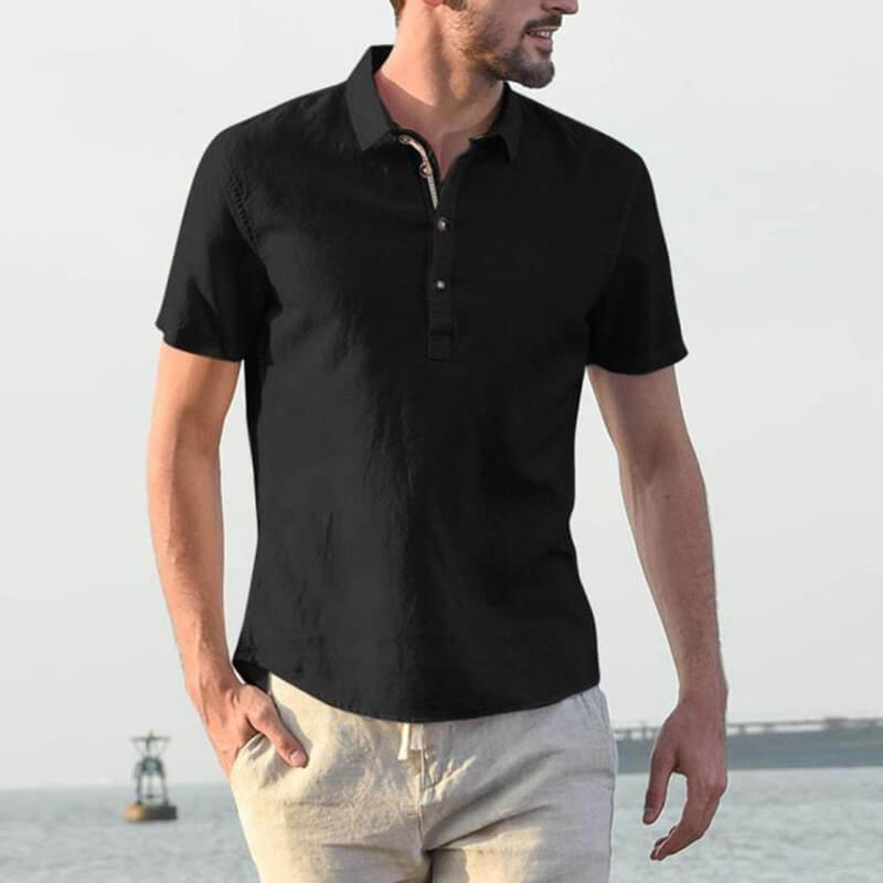 Paprastos vasariškos kvėpuojančios trumpų rankovių marškinėliai iš vyriškos medvilnės drobės