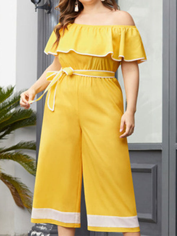 Damen Rüschen Schulter Schnürung Taille Kontrast Übergroßer Jumpsuit mit weitem Bein