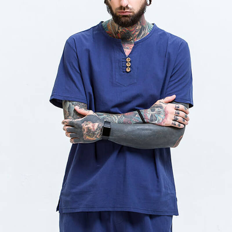 Vyriški vintažiniai patogūs trumpų rankovių medvilniniai marškiniai trumpomis rankovėmis ir V formos kakleliu