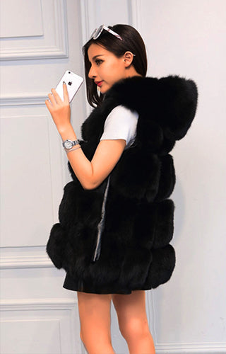 Solid Detachable Sleeve Hooded Fur Vest