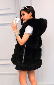 Solid Detachable Sleeve Hooded Fur Vest