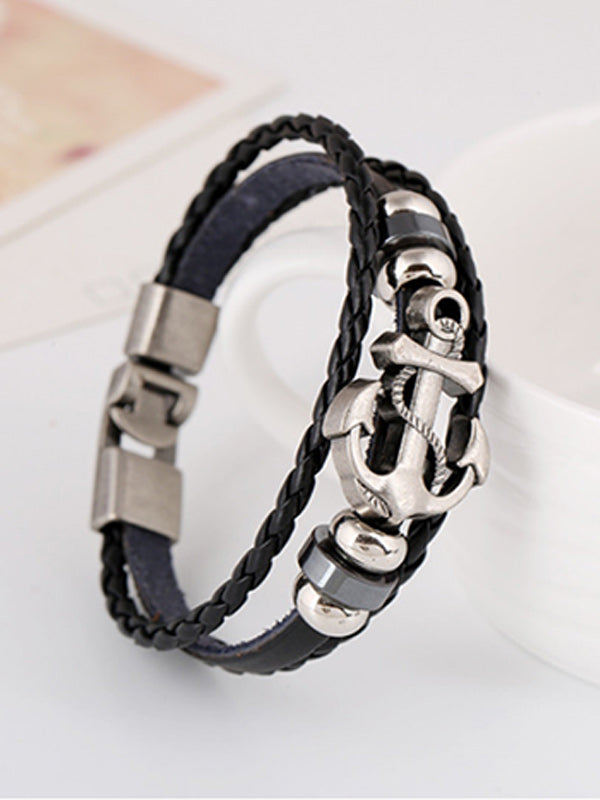 Pulsera tejida de cuero de vaca con ancla de aleación vintage para mujer