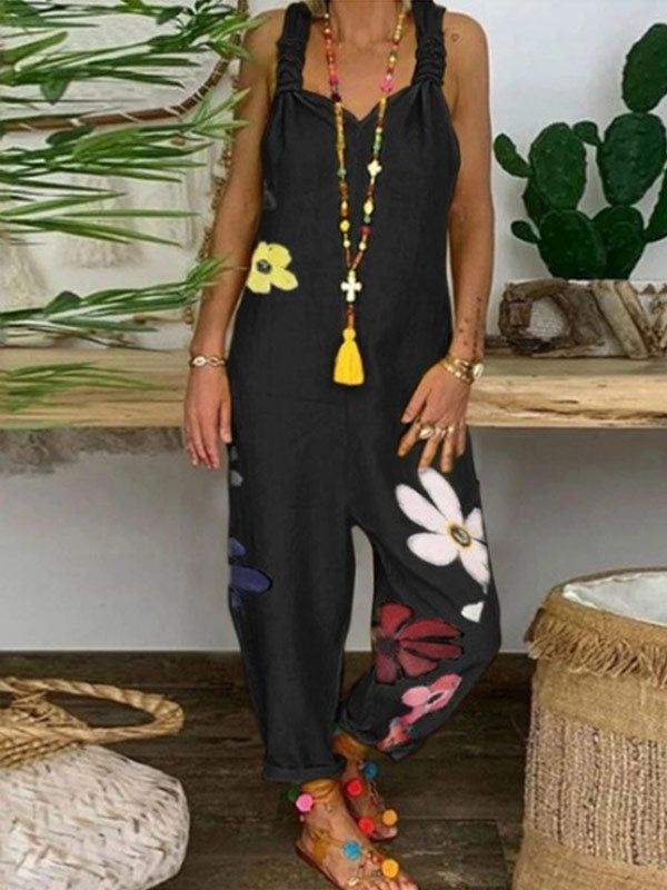 Laisvas kombinezonas iš medvilnės ir lino su atspaudais moterims