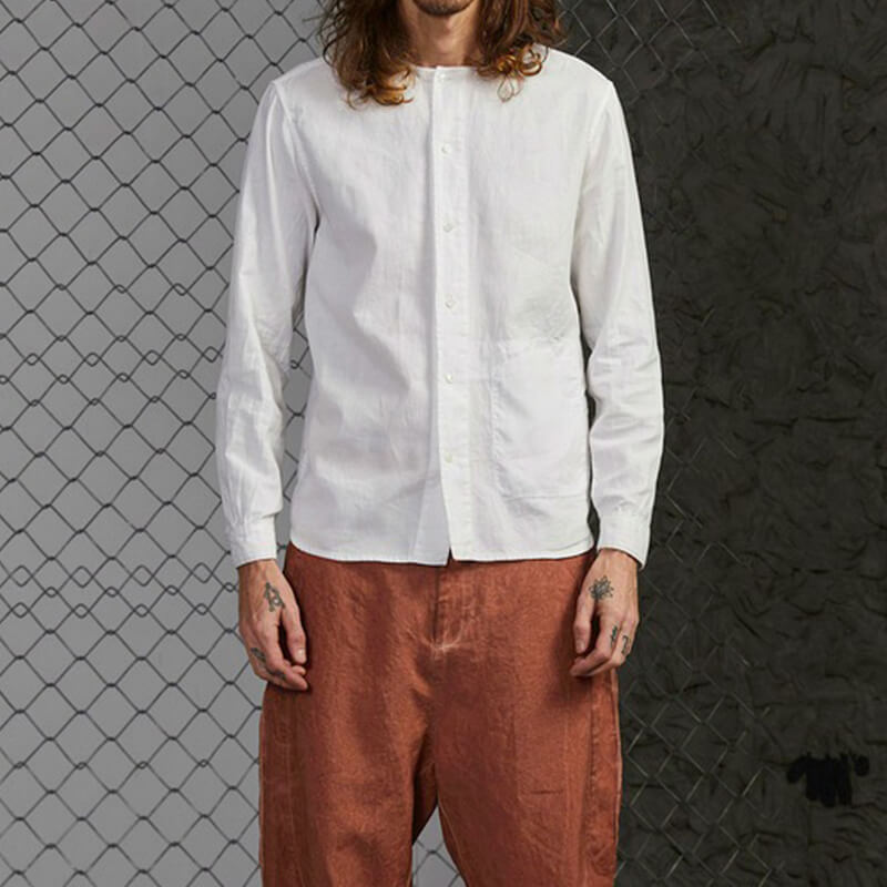 Herren kragenloses bequemes natürliches Leinenhemd