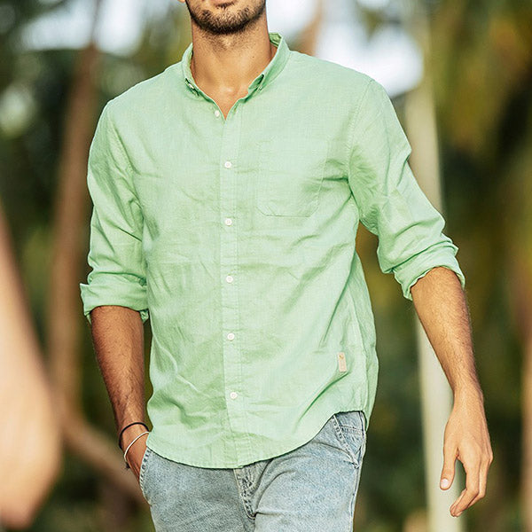 Herren Casual Cotton Leinen Revers Langarmhemd