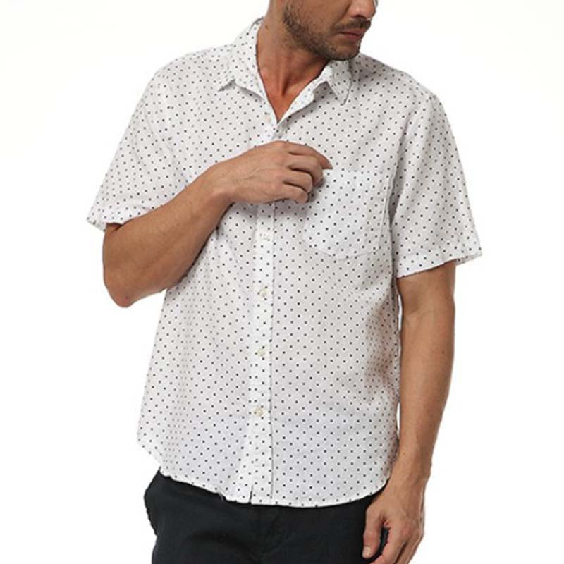 Vyriški madingi kvėpuojantys, patogūs polka dot marškiniai, pagaminti iš lino, trumpomis rankovėmis