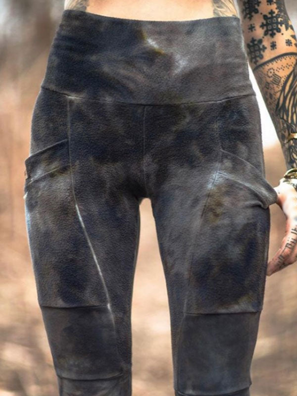 Vintage Dye Stitching Pocket Elastic Leggings für Damen