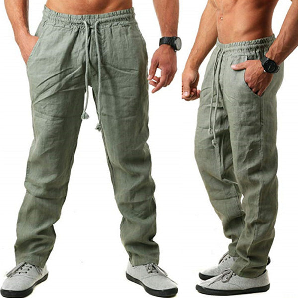 Negabaritinės medvilninės ir lininės kelnės vyrams su laisva virve