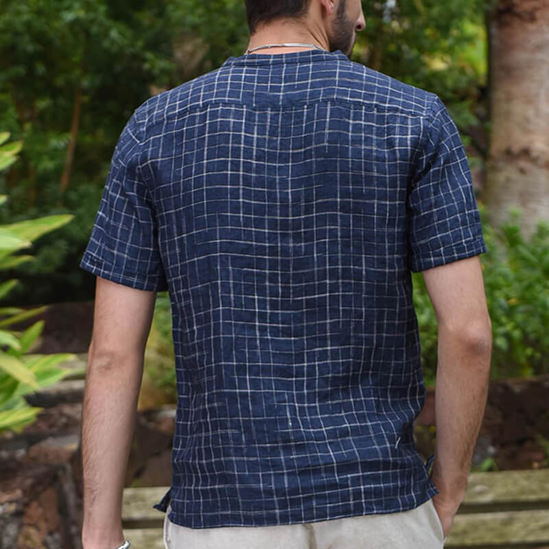 Camisa casual básica de verano para hombre con lona de algodón a cuadros