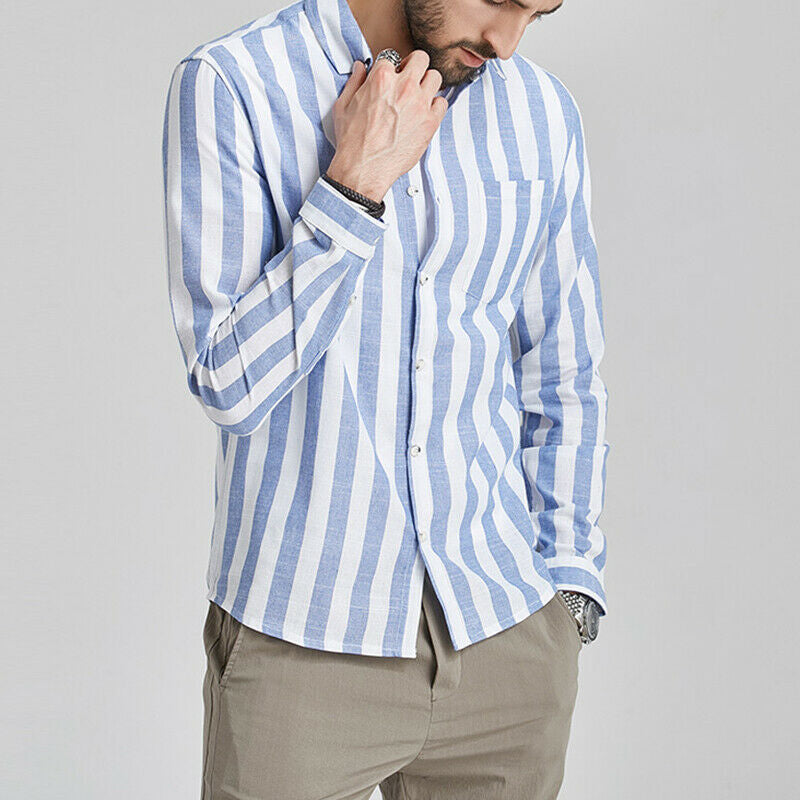 Camisa de lino natural ligera a rayas cómoda para hombre
