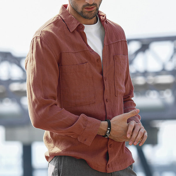 Vyriški laisvalaikio palaidi dvigubos kišenės ilgio rankovių lininiai marškiniai