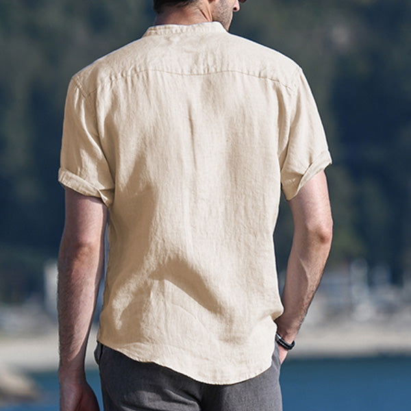 Camisa de lino de cuello alto transpirable suave para hombres con mangas cortas