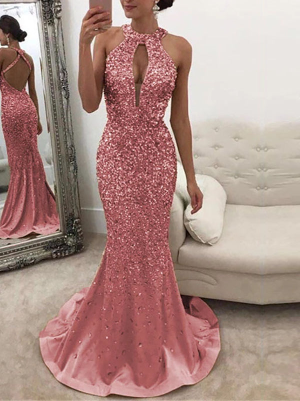 Sparkle Criss Cross Vestido largo de noche sin espalda Fiesta de baile Vestido