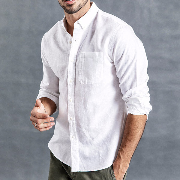 Herren Casual Cotton Leinen Revers Langarmhemd