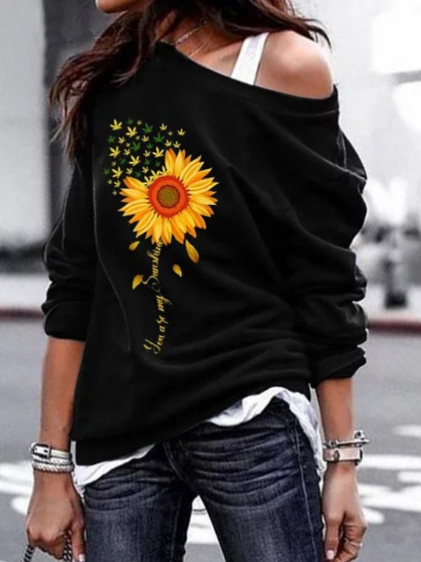 Wilder Sonnenblumen-Print-Rundhalspullover für Damen