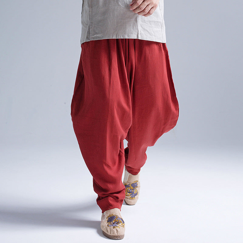 Pantalones harem casuales de lino de algodón para hombres.