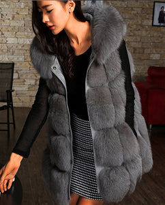 Solid Detachable Sleeve Hooded Fur Vest