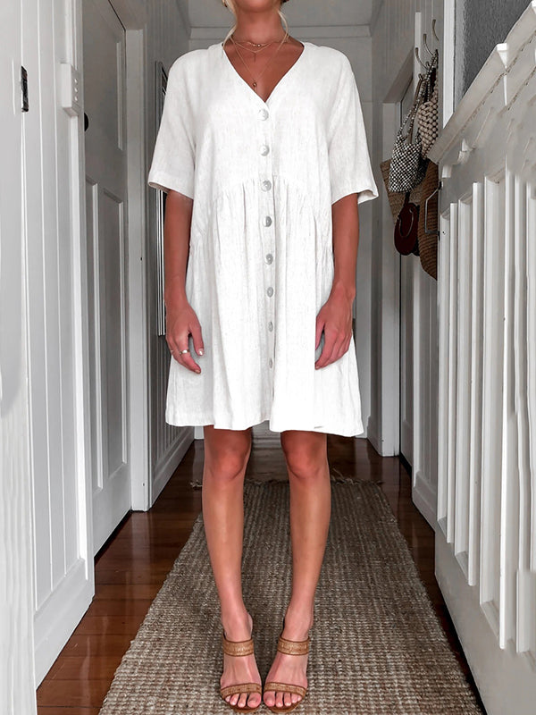 Vestido de botones con minivestido con cuello en v y bolsillo