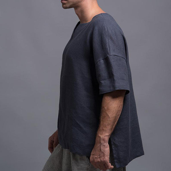 Paprastos lininės marškinėliai be kaklo vyrams