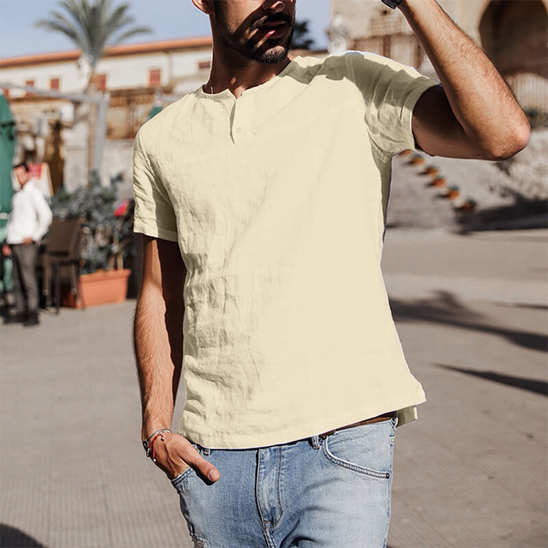 Camisa casual de lino y algodón de manga corta con cuello redondo para hombres