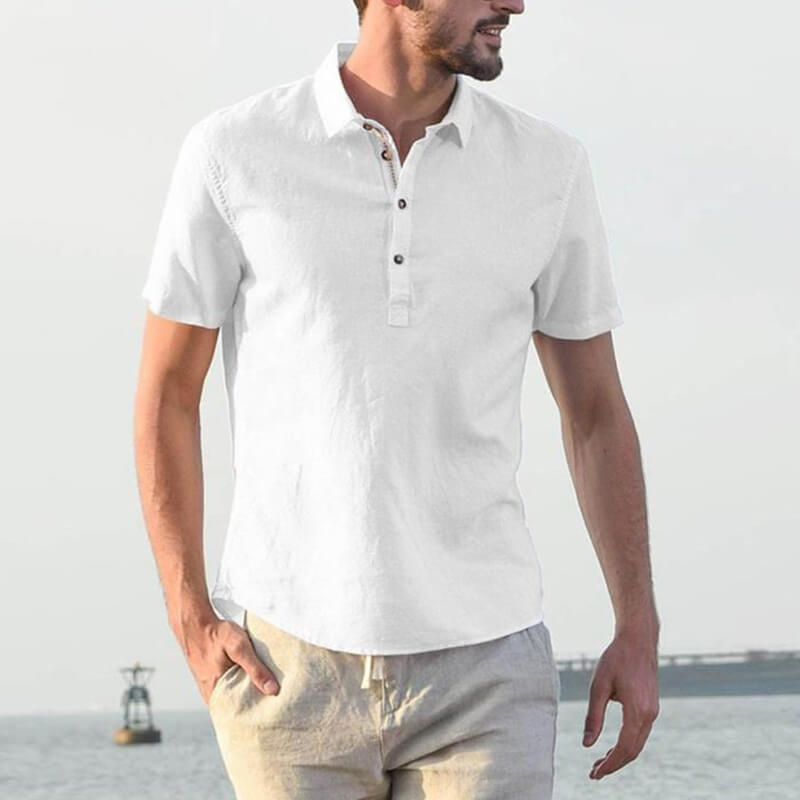 Paprastos vasariškos kvėpuojančios trumpų rankovių marškinėliai iš vyriškos medvilnės drobės