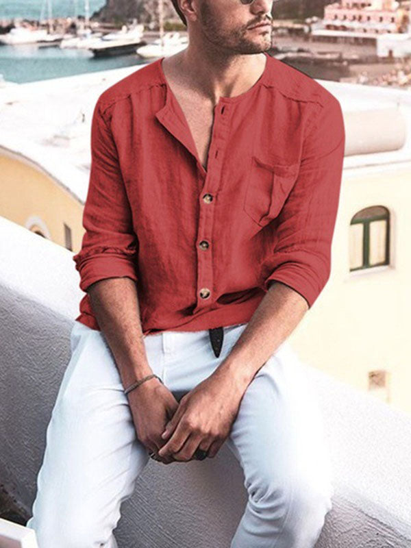 Herren Einfarbiges Baumwollknopf-Langarmhemd