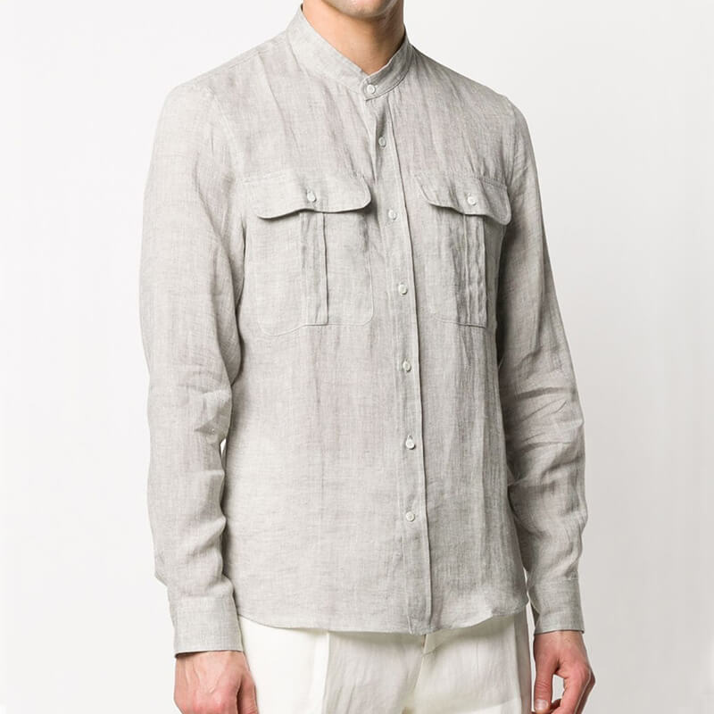 Herren Classic Summer Breathable Stand Collar Langarm-Leinenhemden aus natürlichem Leinen