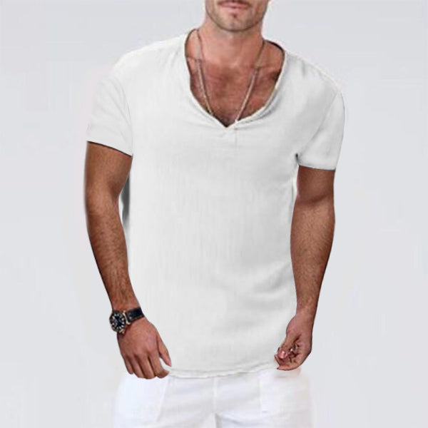 Ethnisches Kurzarm-T-Shirt aus Baumwolle und Leinen für Herren