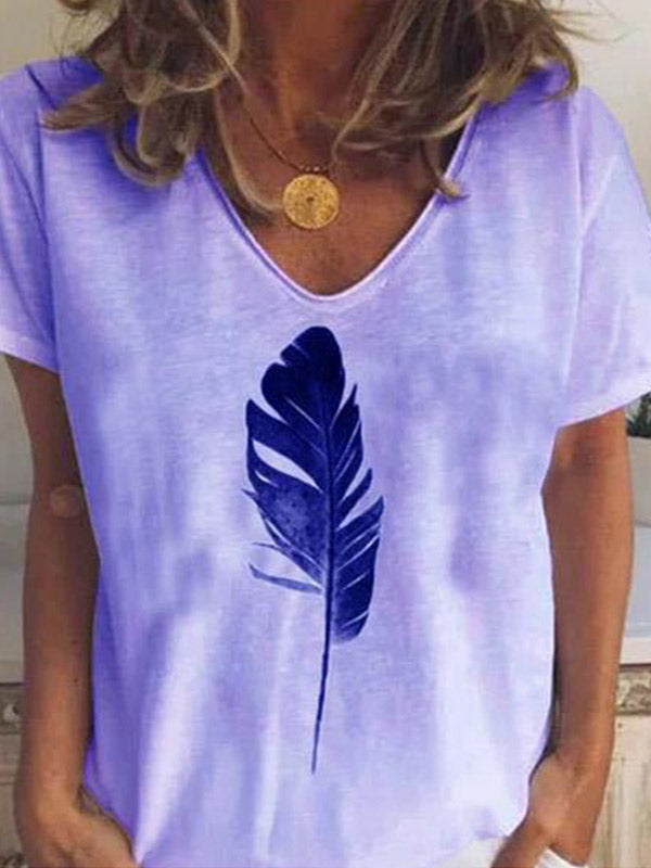 Camiseta con estampado de plumas para mujer con manga corta