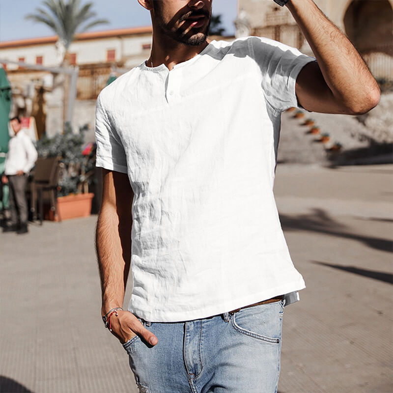 Camisa casual de lino y algodón de manga corta con cuello redondo para hombres