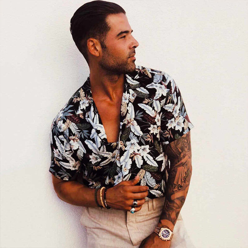 Vyriški vasaros mados Havajų stiliaus trumpomis rankovėmis marginti poliesterio marškiniai