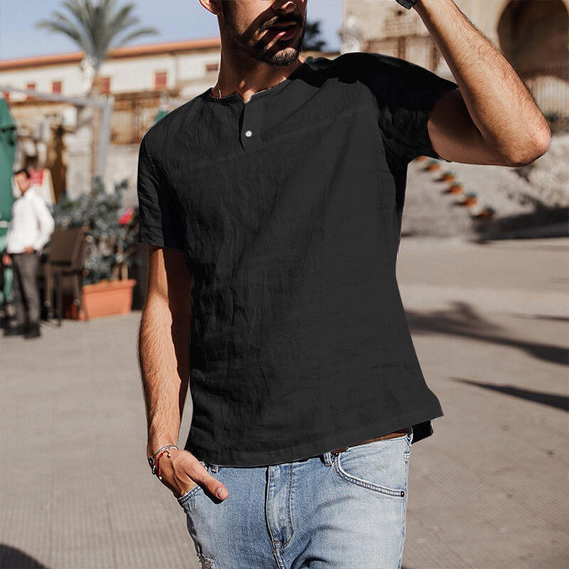 Camisa casual de lino y algodón de manga corta con cuello redondo para hombres