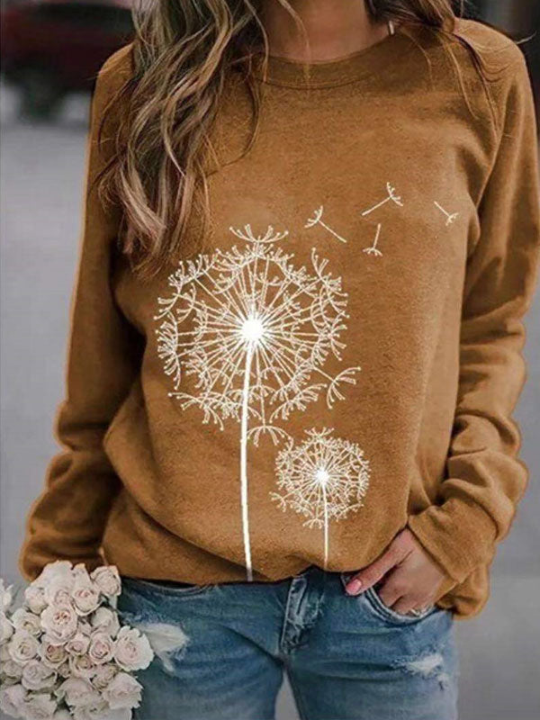 Sudadera suelta con cuello redondo y estampado de diente de león para mujer