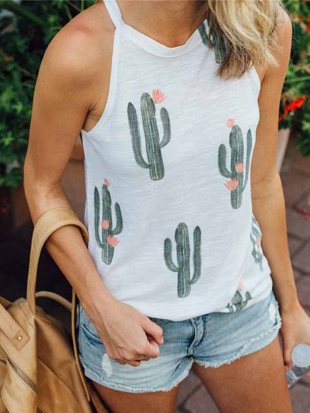 Chaleco casual con estampado de cactus sin mangas para mujer.
