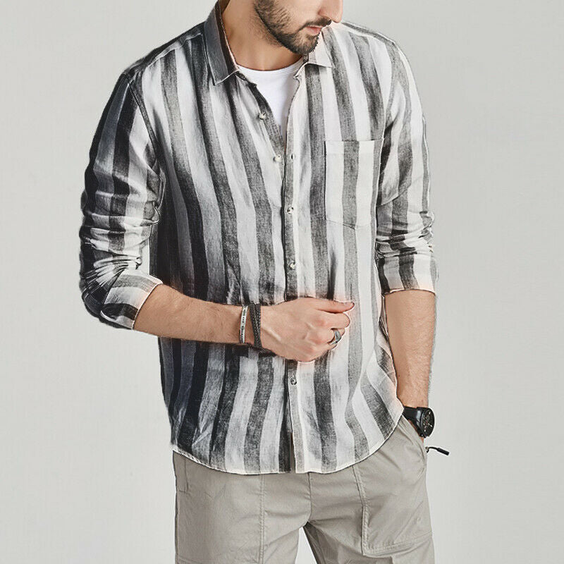 Camisa de lino natural ligera a rayas cómoda para hombre